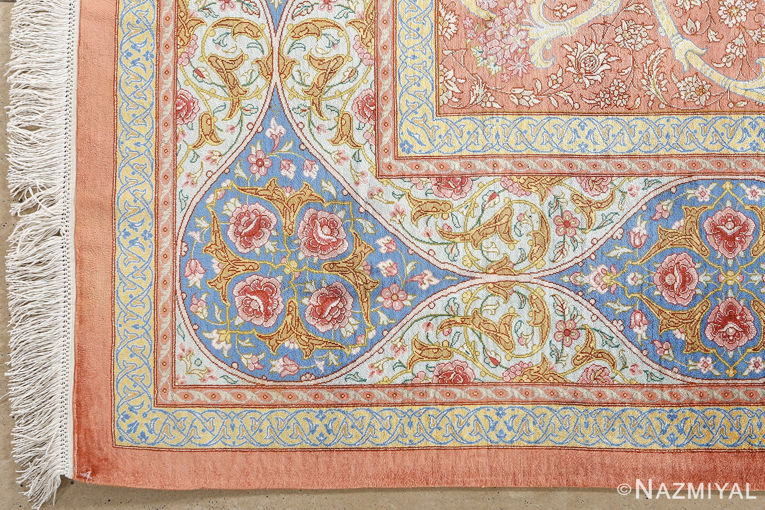 fine silk mirmehdi vintage qom persian rug 51043 corner Nazmiyal