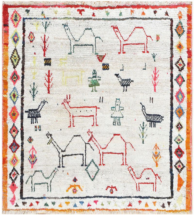 Persian Gabbeh rug with Geometric People and Animal Design Patterns Tribal Village Persian Gabbeh rug with Geometric People and Animal Design Pattern by Nazmiyal