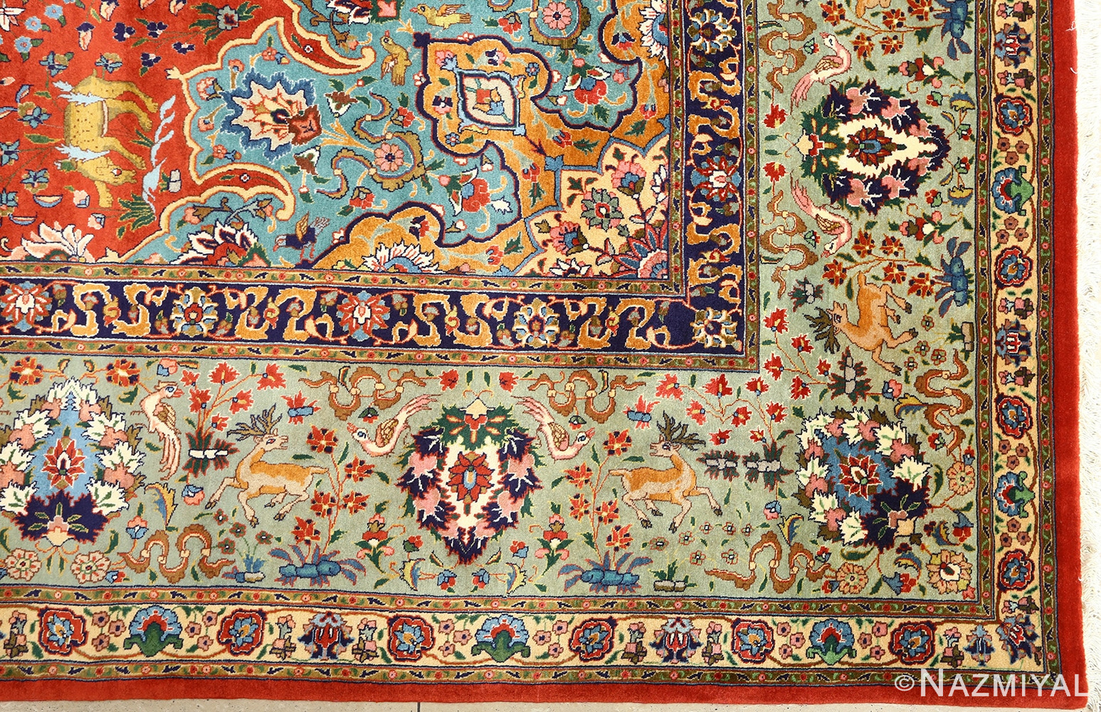 fine animal motif vintage tabriz persian rug 61064 corner Nazmiyal