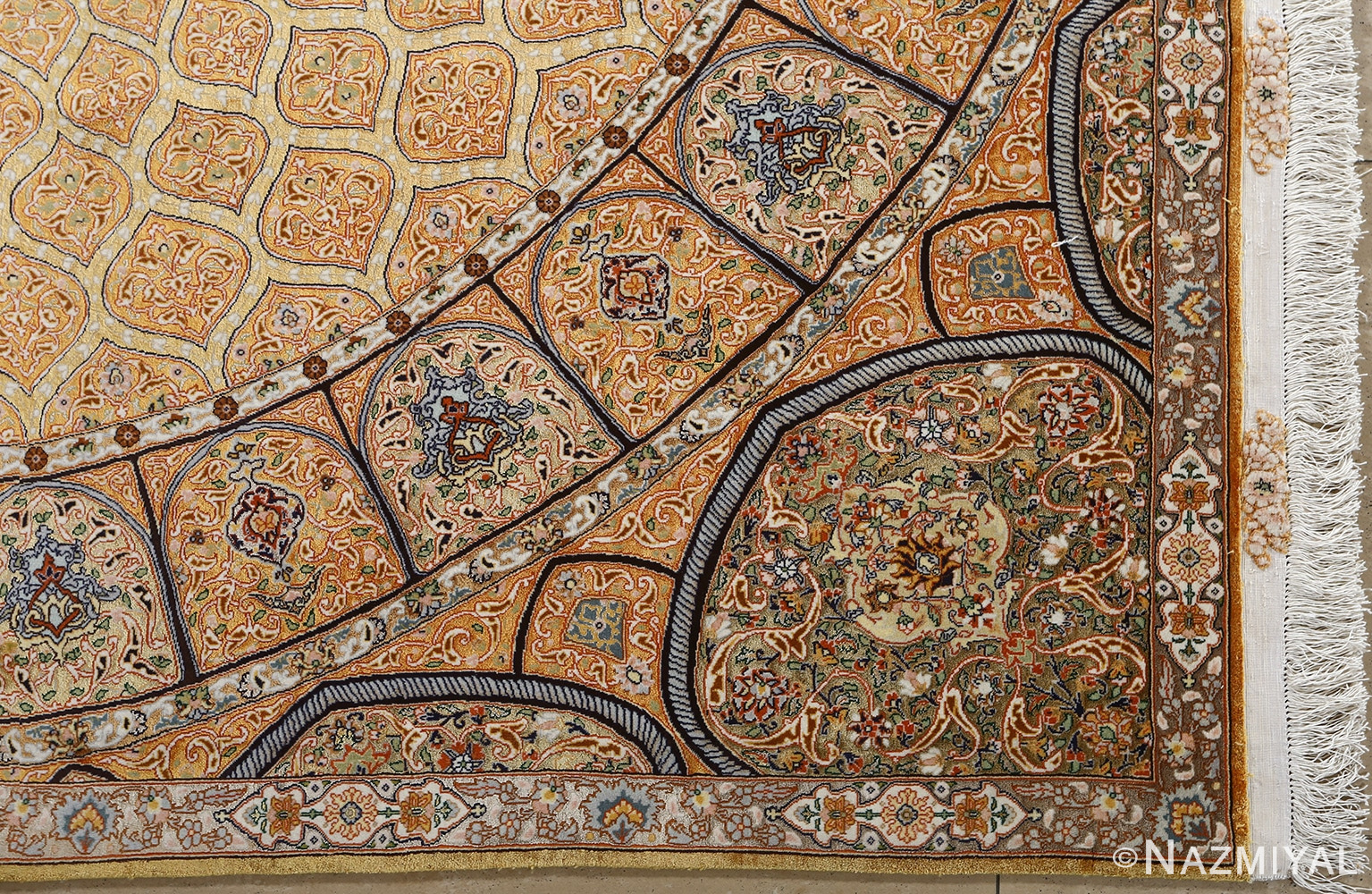 fine gonbad design vintage silk tabriz persian rug 51051 corner Nazmiyal