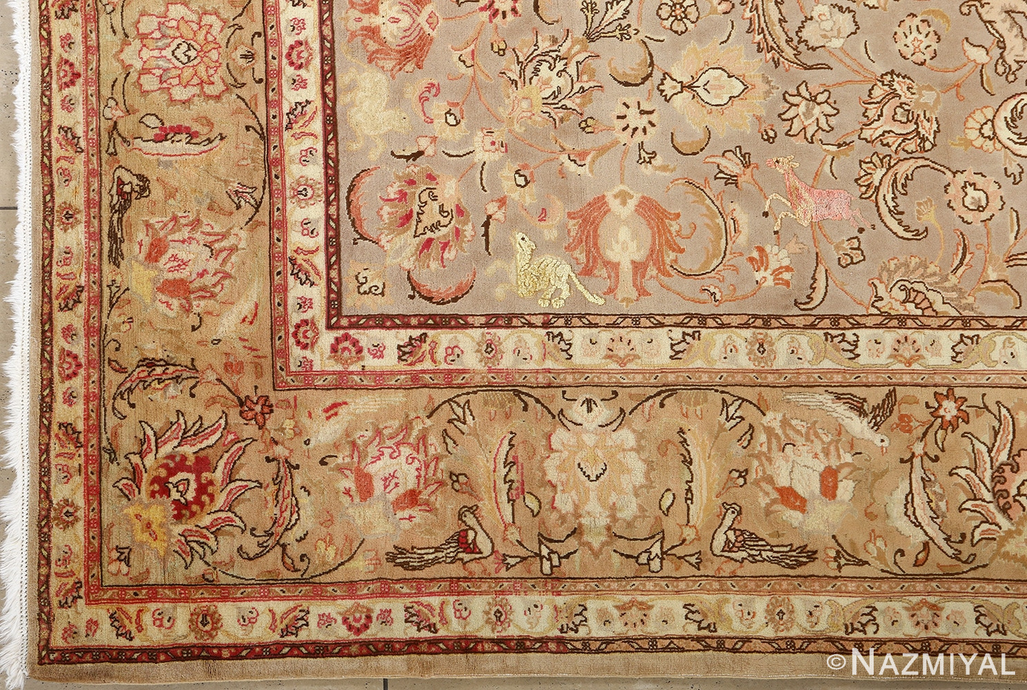 fine samadi animal motif vintage tabriz persian rug 51036 inner corner Nazmiyal