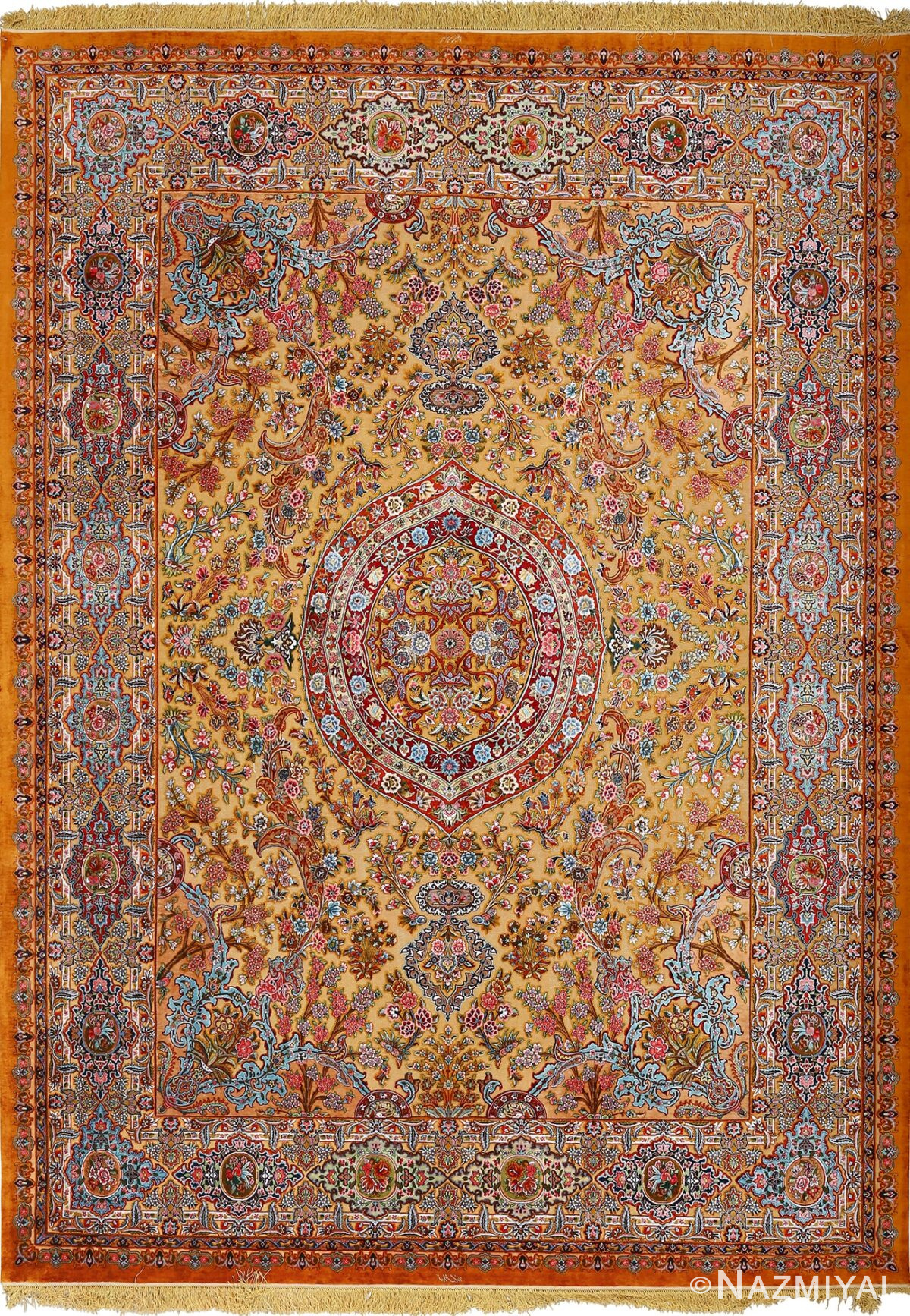 fine silk and gold thread vintage tabriz persian rug 51055 Nazmiyal