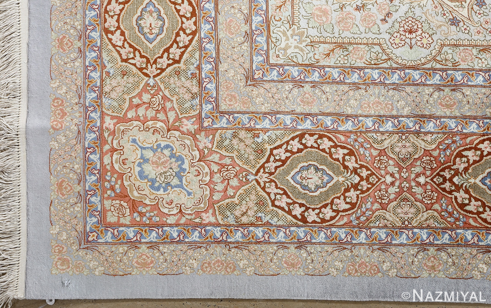 fine silk vintage qum persian rug 51052 corner Namziyal