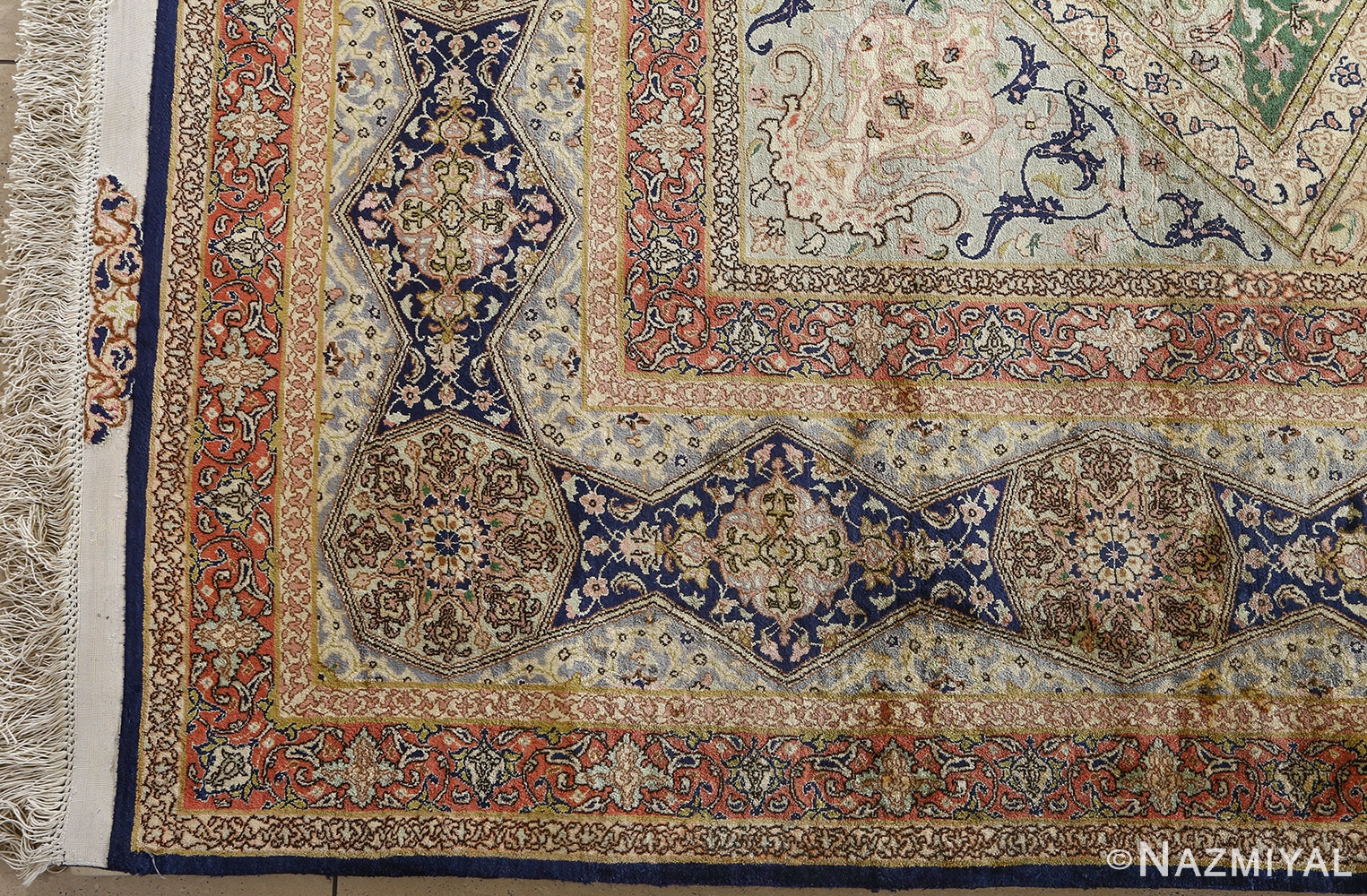fine square gonbad design vintage silk tabriz persian rug 51050 corner Nazmiyal