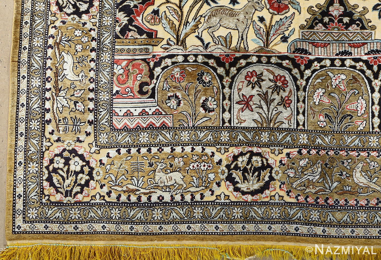 fine tree of life design vintage silk souf qum persian rug 51048 corner Nazmiyal