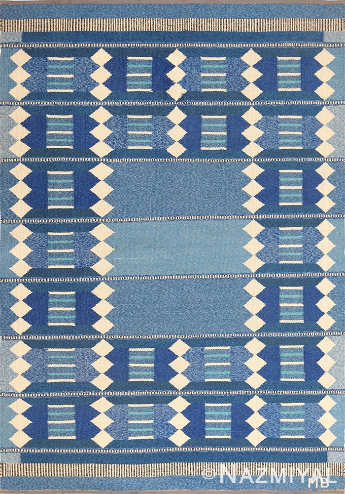 blue vintage swedish scandinavian kilim rug 49263 Nazmiyal