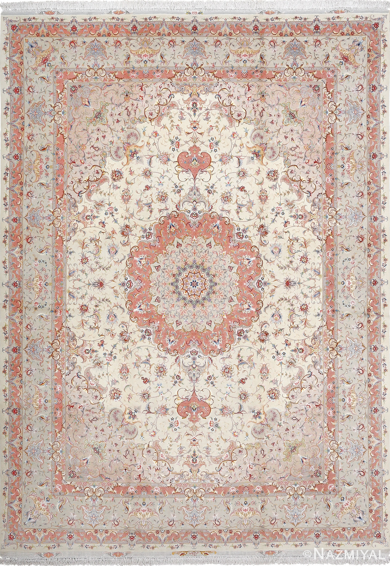 fine ivory background vintage tabriz persian rug 51072 Nazmiyal