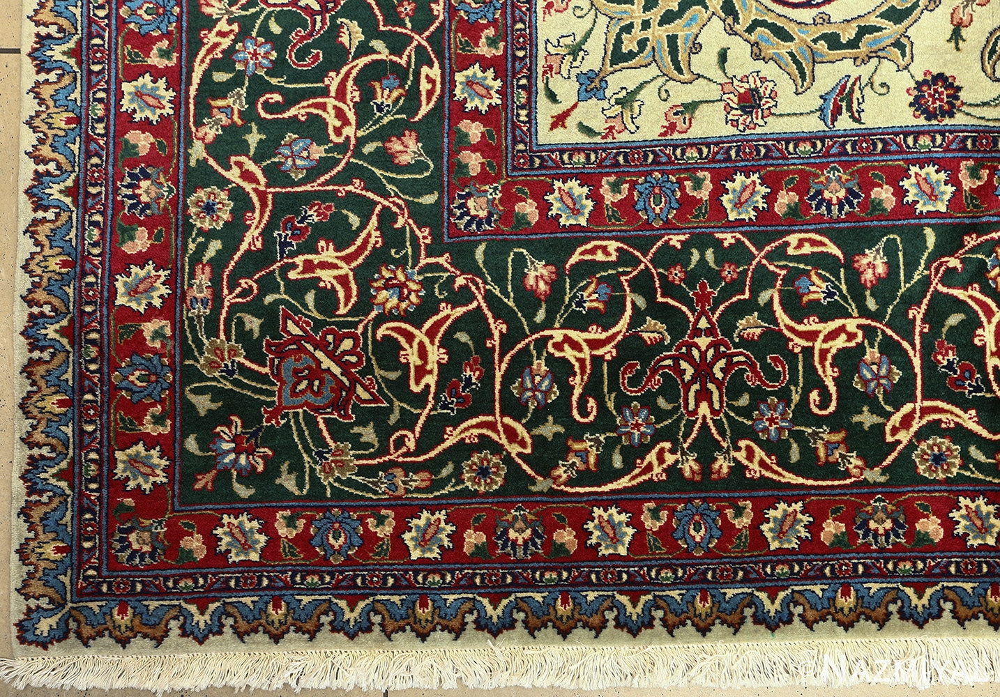 green background vintage tabriz persian rug 51109 corner Nazmiyal