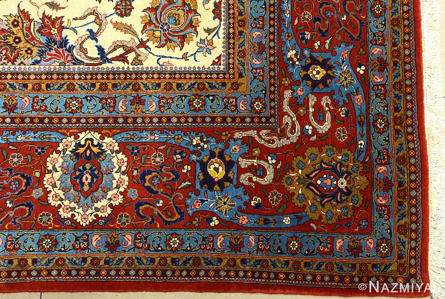 vintage ivory qum persian rug 51091 corner Nazmiyal