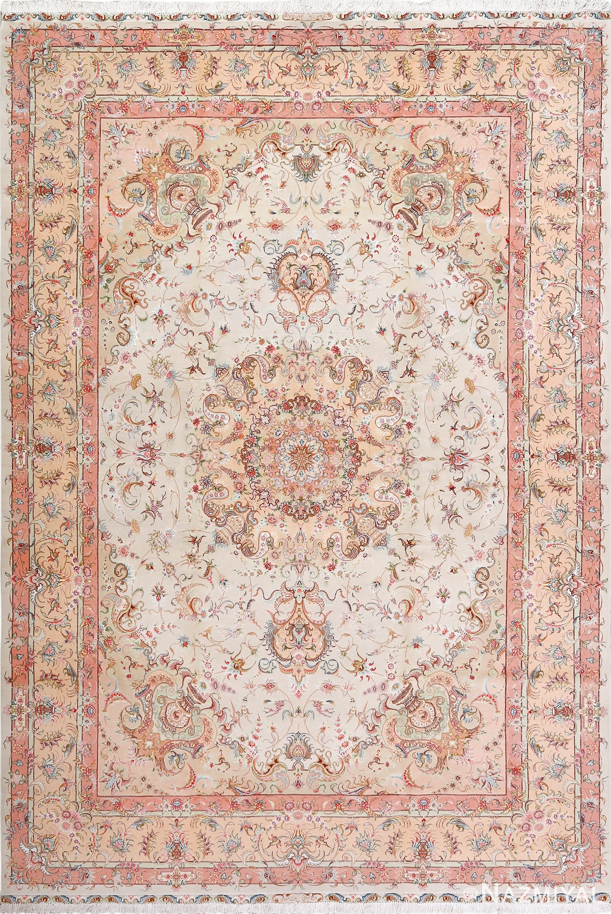 vintage ivory tabriz persian rug 51104 Nazmiyal