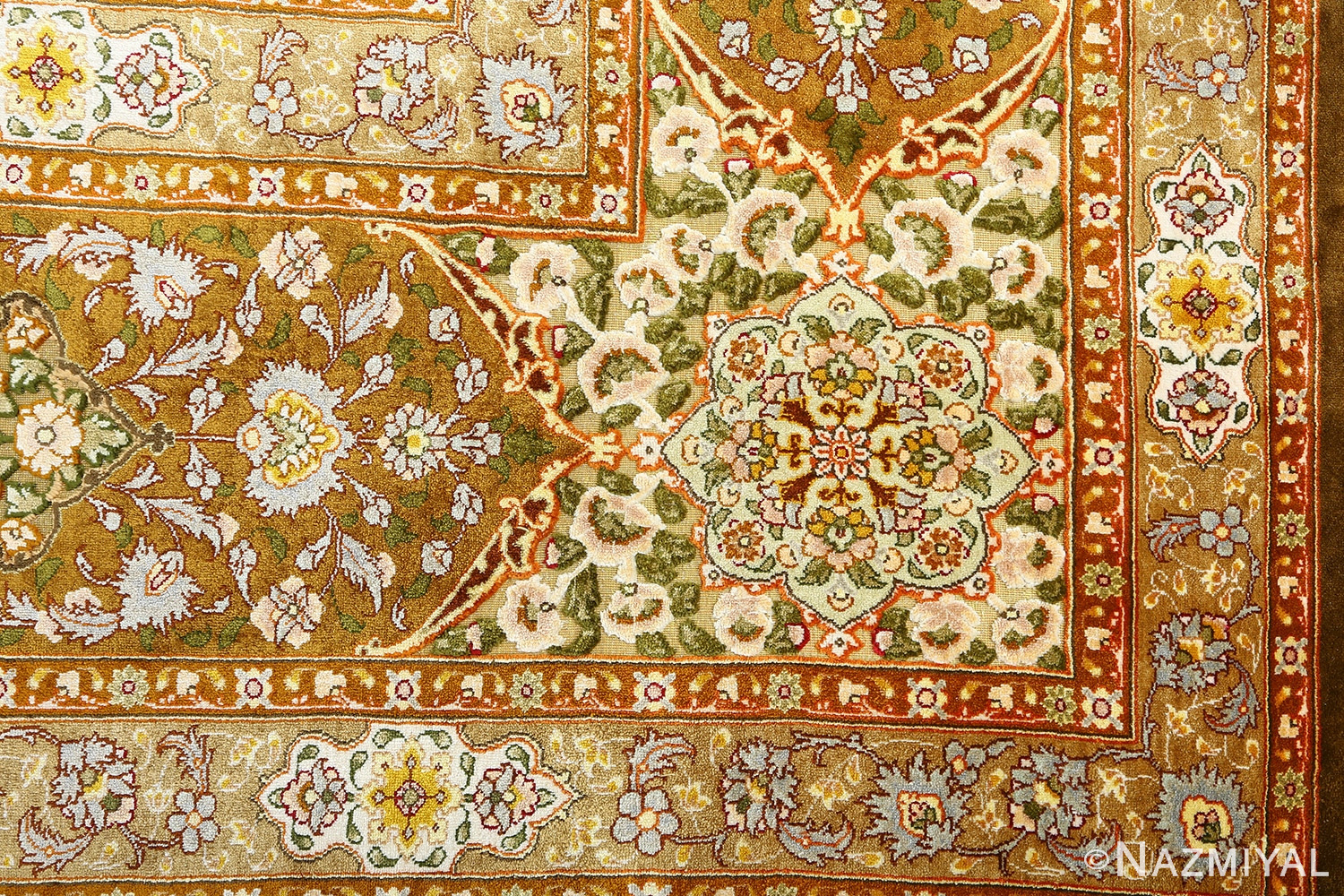 vintage silk and metallic threading souf tabriz persian rug 51112 corner Nazmiyal