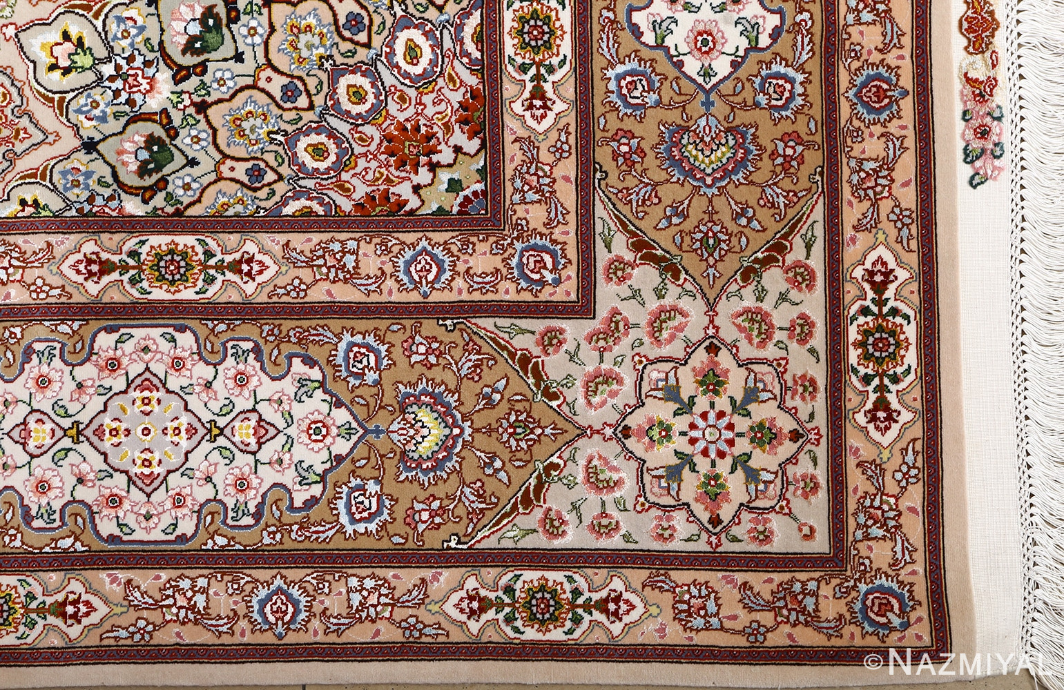 vintage taupe background tabriz persian rug 51108 corner Nazmiyal