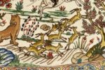 oval hunting scene vintage tabriz rug 51131 deers Nazmiyal