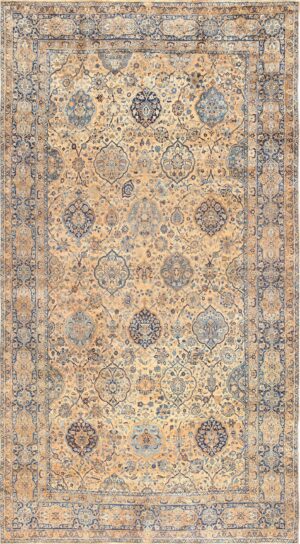 Cream and Blue Oversized Antique Kerman Persian Rug #50617 by Nazmiyal Antique Rugs
