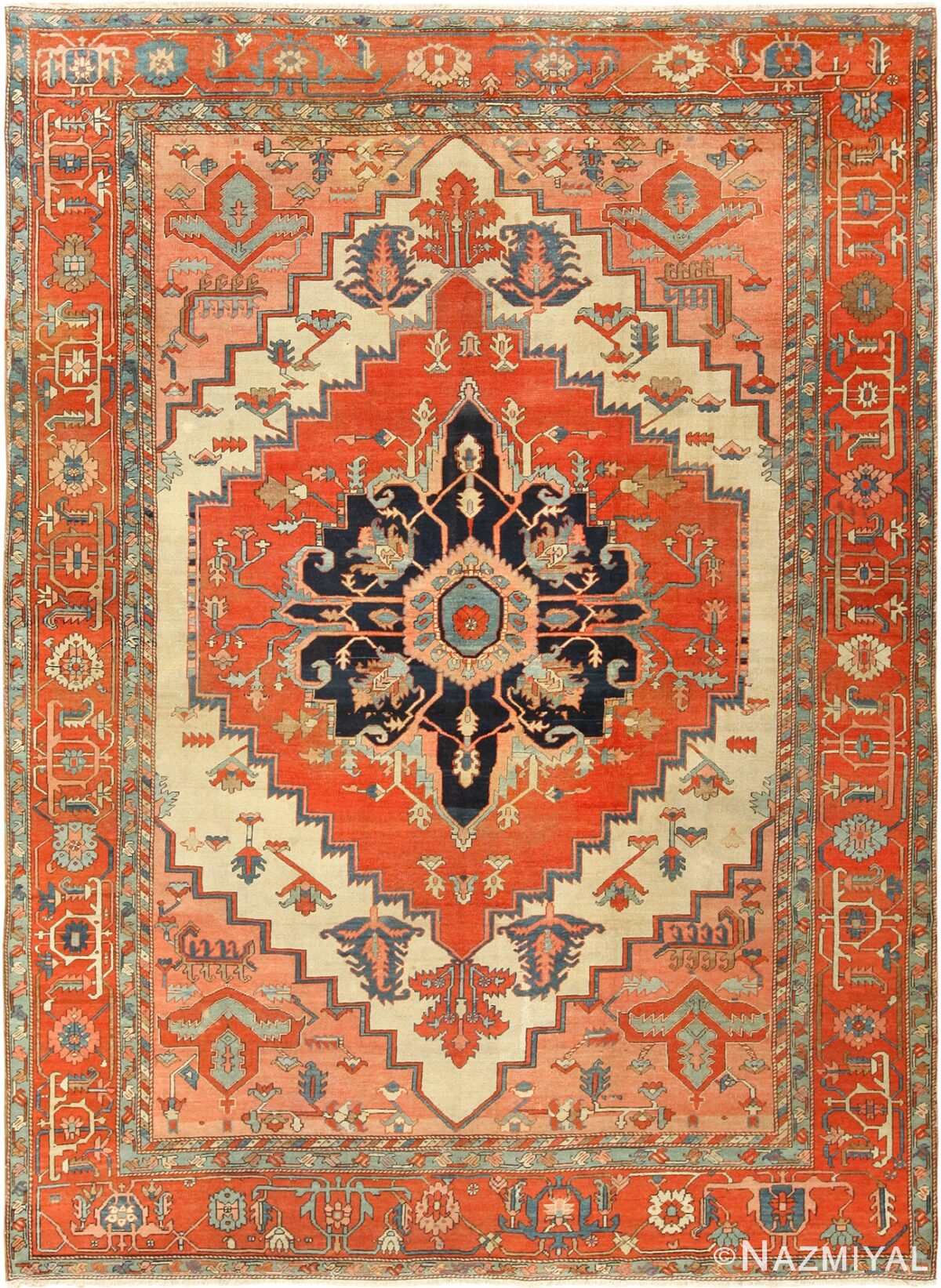 antique ivory background serapi persian rug 49352 Nazmiyal