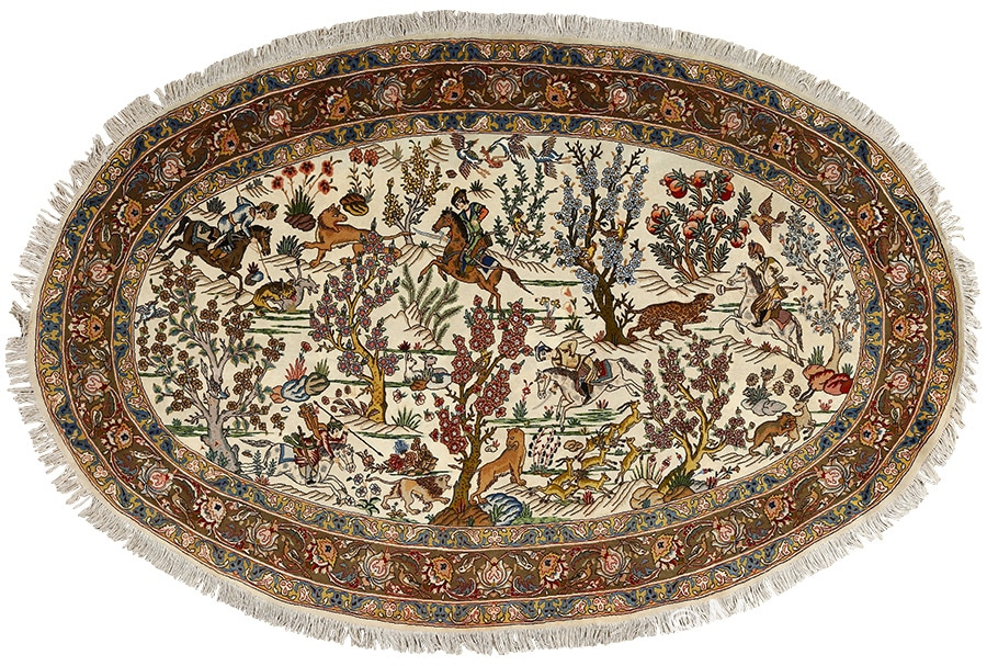 oval hunting scene vintage tabriz rug 51131 Nazmiyal