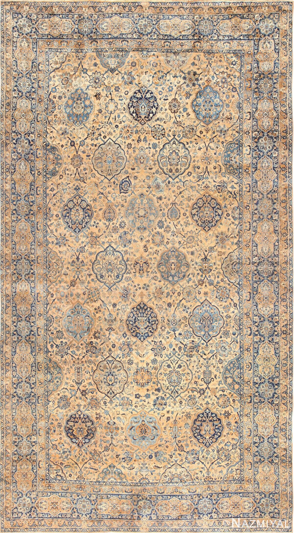 Cream and Blue Oversized Antique Kerman Persian Rug #50617 by Nazmiyal Antique Rugs