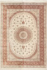 modern ivory silk qum persian rug 49401 Nazmiyal