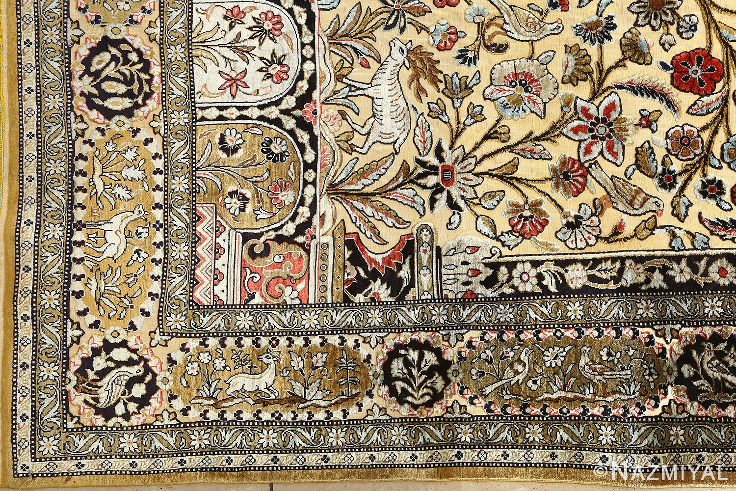 silk animal motif vintage qum souf rug 51163 corner Nazmiyal