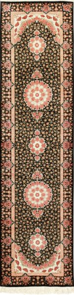 black bakground silk modern qum persian runner 49404 Namziyal
