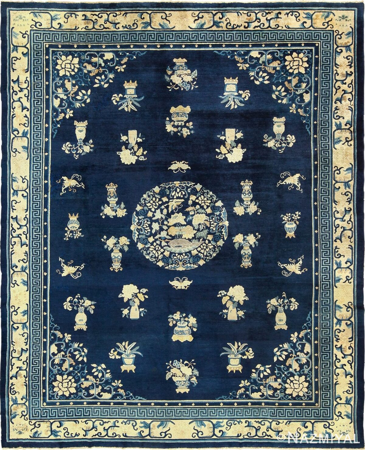 Room Size Chinese Blue and White Antique Peking Rug by Nazmiyal