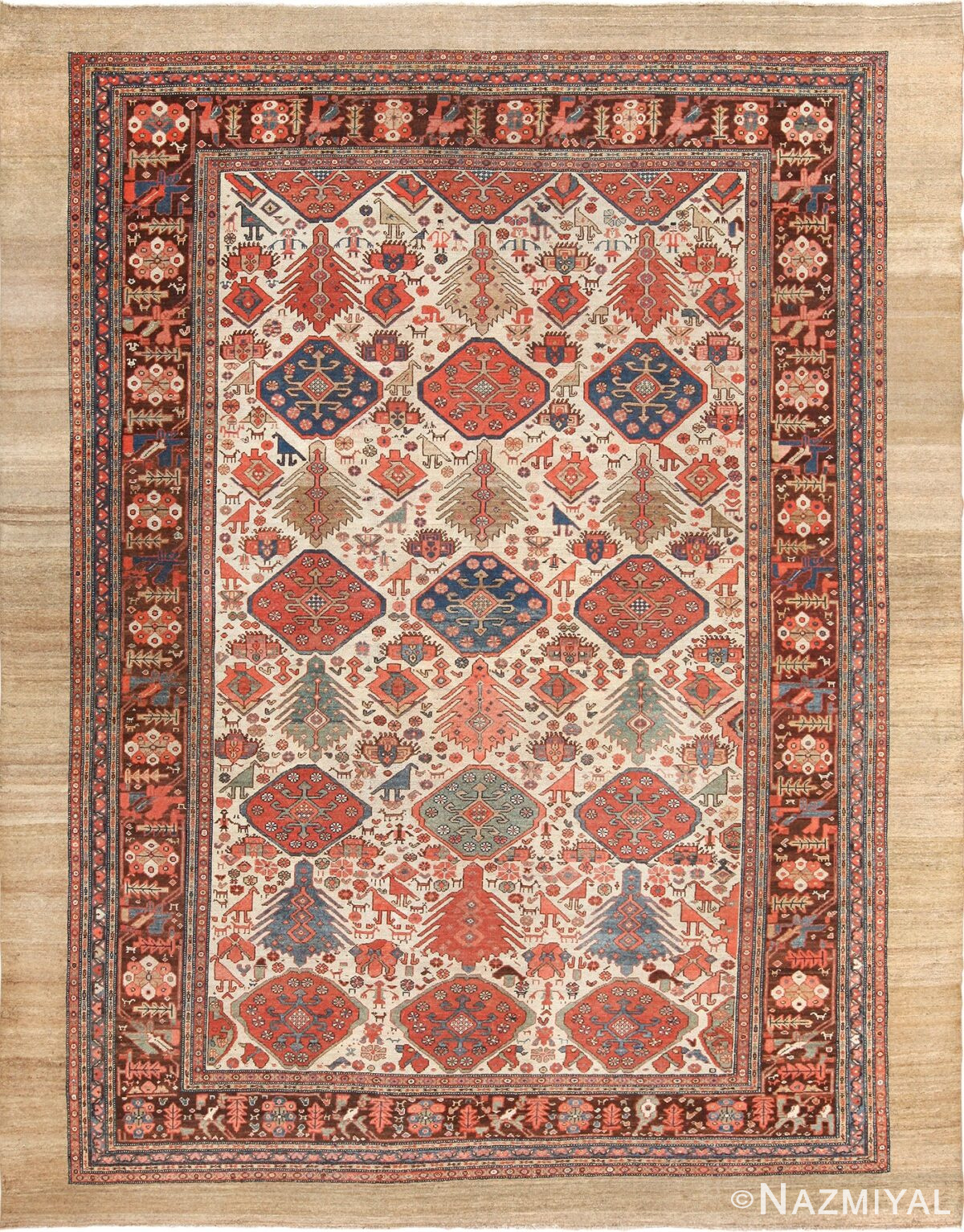 ivory background tribal antique Persian Bakshaish rug 49508 by Nazmiyal