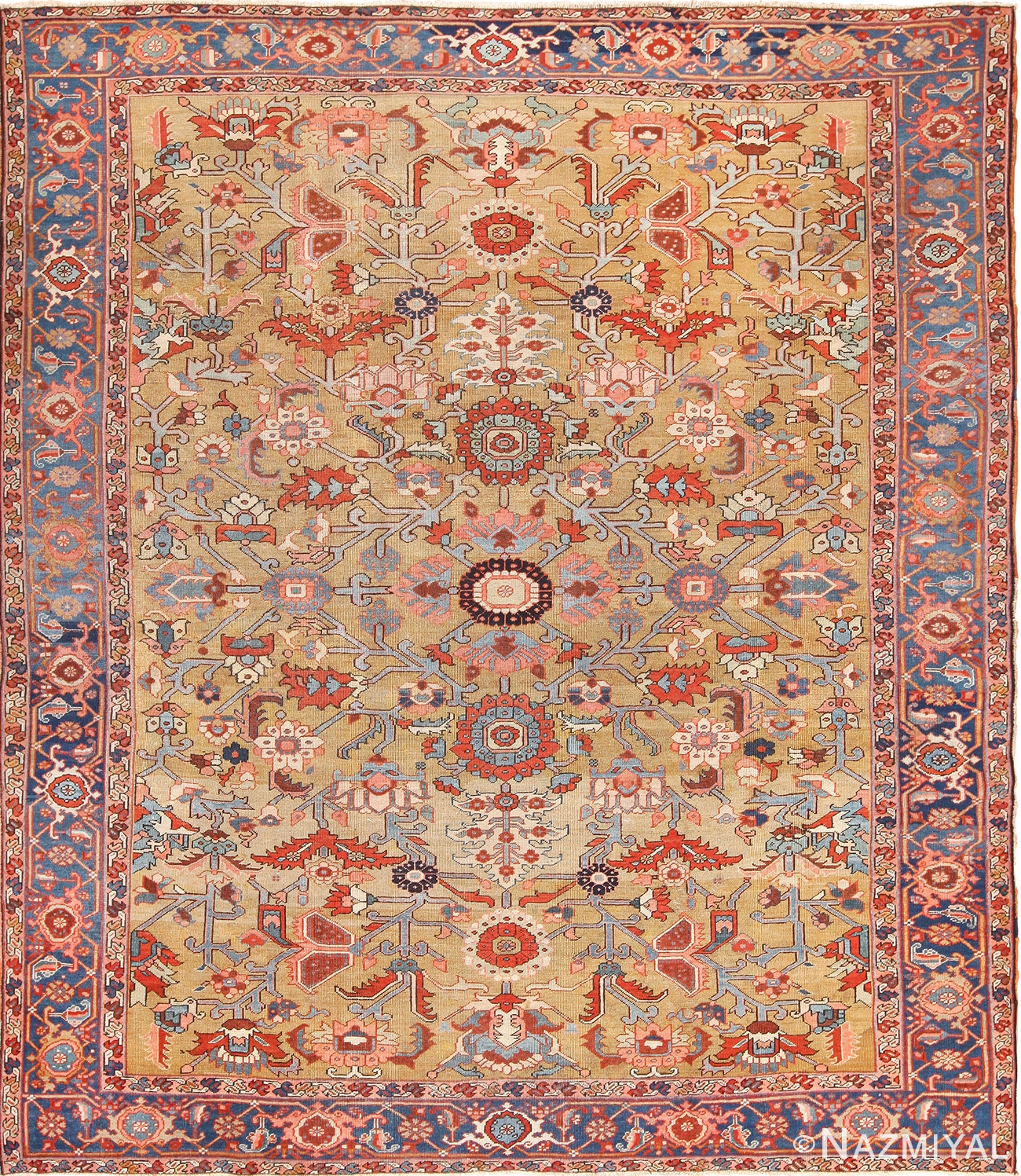 Gold Background Antique Persian Heriz Serapi Rug 49436 by Nazmiyal