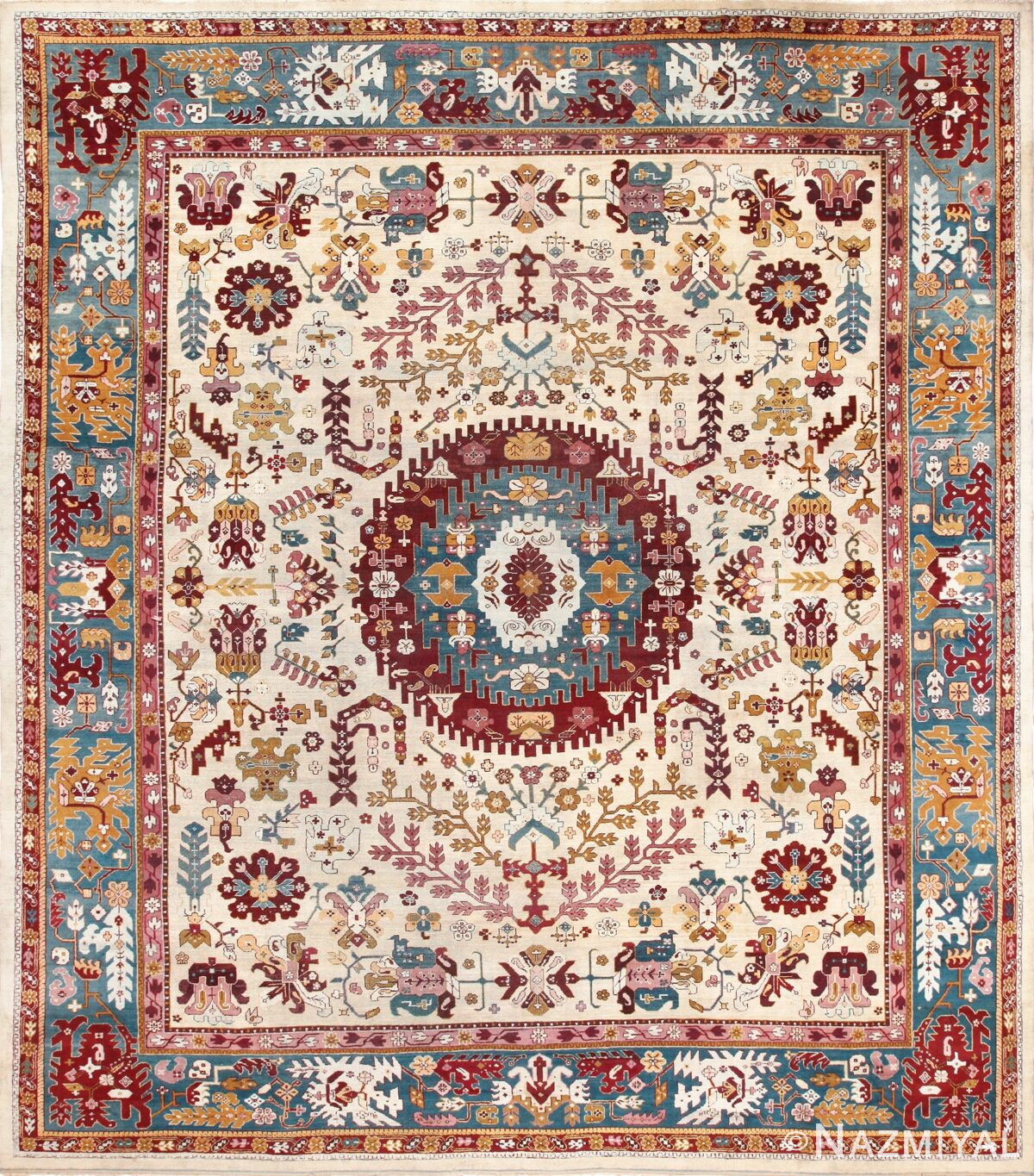 Primitive Large Ivory Background Antique Indian Agra Rug 49588 by Nazmiyal