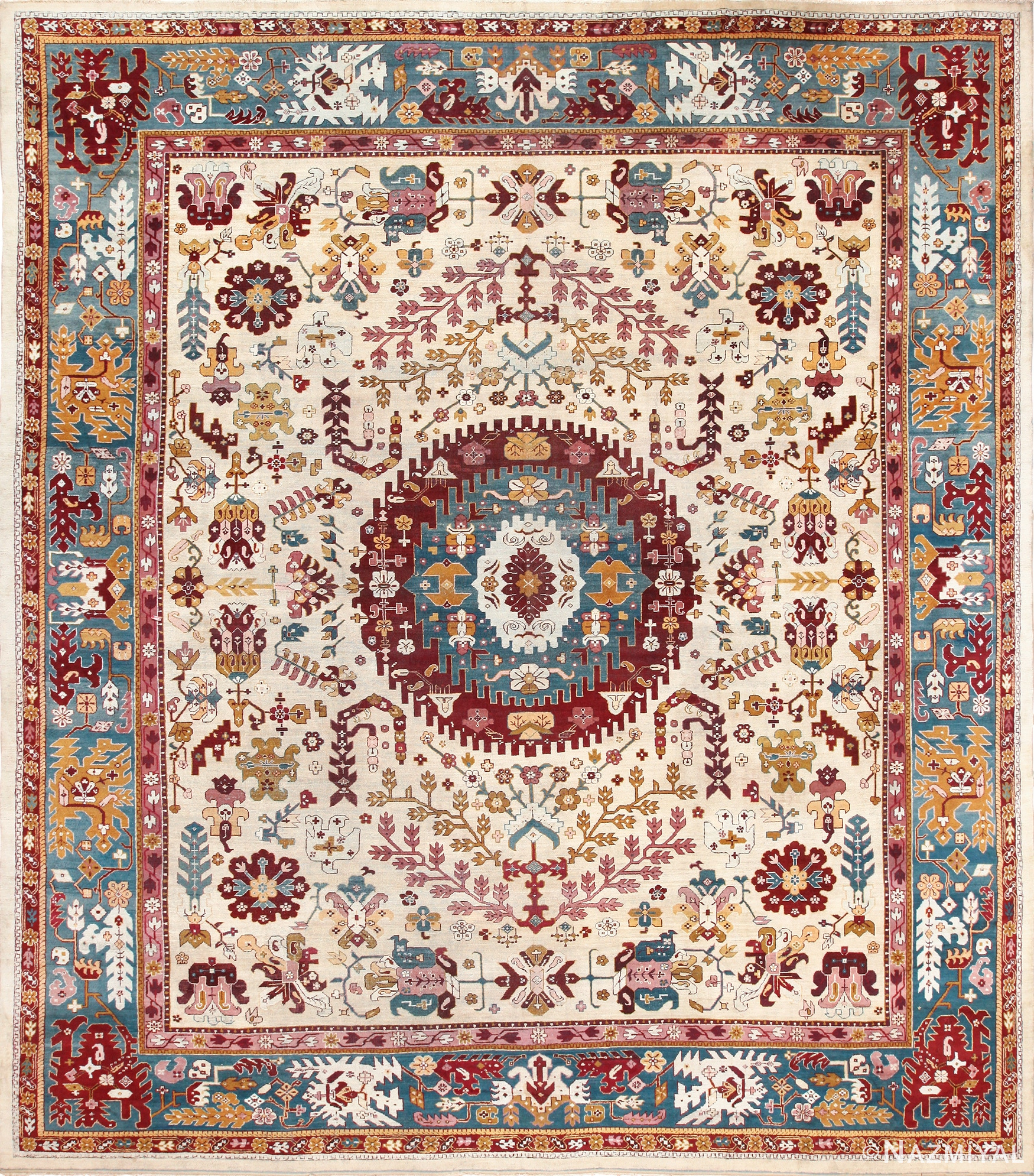 Primitive Large Ivory Background Antique Indian Agra Rug 49588 by Nazmiyal