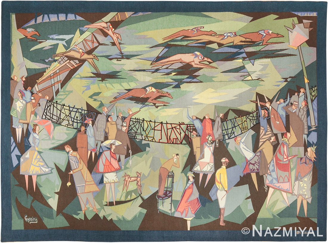 French Vintage Mid Century Horse Racing Tapestry by Lars Gynning 49574 by Nazmiyal