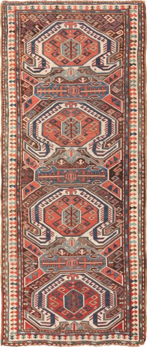 Long and Narrow Antique Caucasian Turtle Kazak Rug 49644 by nazmiyal