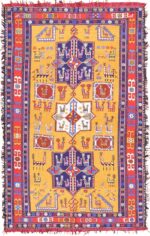 Rare Gold Background Vintage Tribal Silk Caucasian Soumak 49607 by Nazmiyal