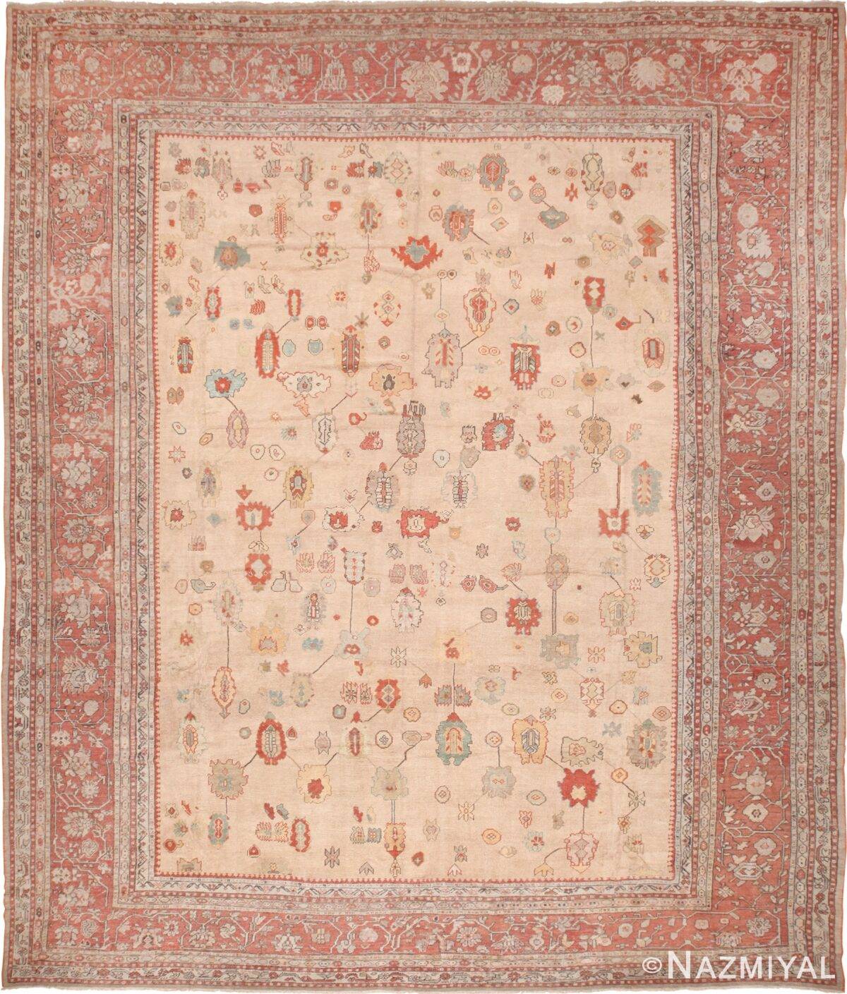 Large Ivory Background Tribal Antique Turkish Oushak Rug 49658 by Nazmiyal