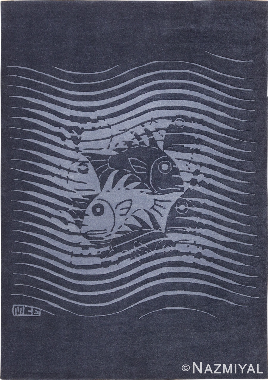Blue Artistic Vintage Scandinavian Maurits Escher Fish Rug 49663 by Nazmiyal
