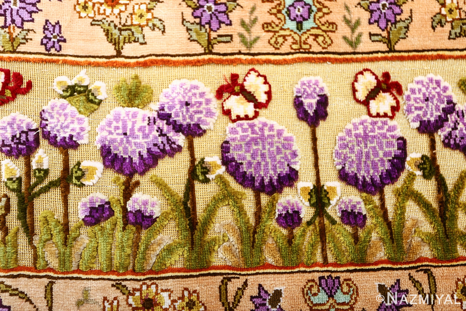 vintage small size silk tabriz persian rug 51178 border Nazmiyal