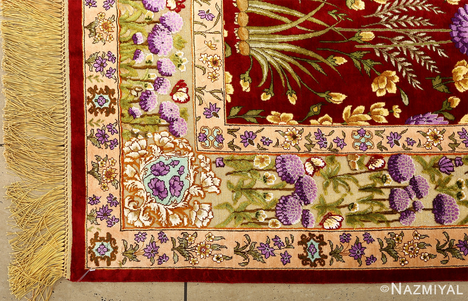 vintage small size silk tabriz persian rug 51178 corner Nazmiyal