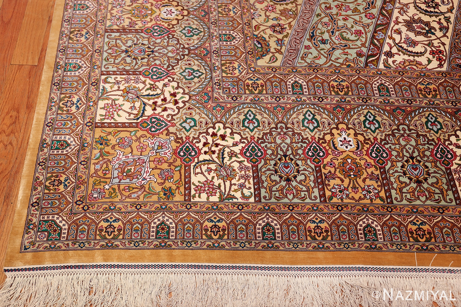 geometric silk vintage qum persian rug 60035 corner Nazmiyal
