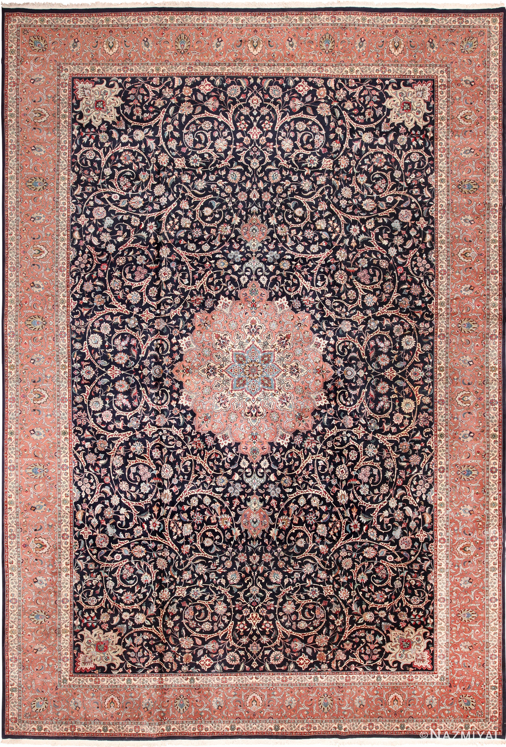 Large Classic Vintage Navy Blue Persian Tabriz Rug 60040 by Nazmiyal