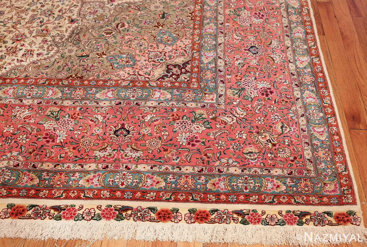 square floral silk and wool vintage tabriz persian rug 60021 corner Namziyal
