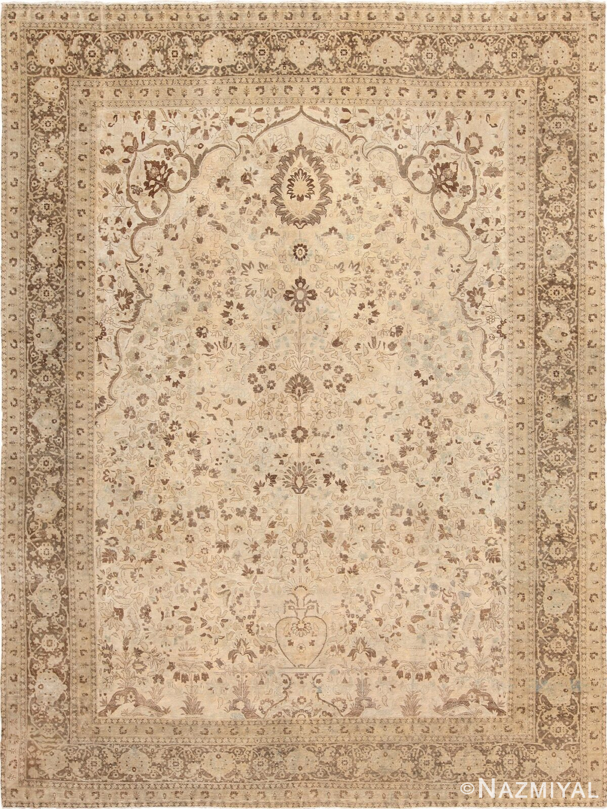 Antique Vase Design Brown Earth Tone Persian Tabriz Rug 50445 by Nazmiyal