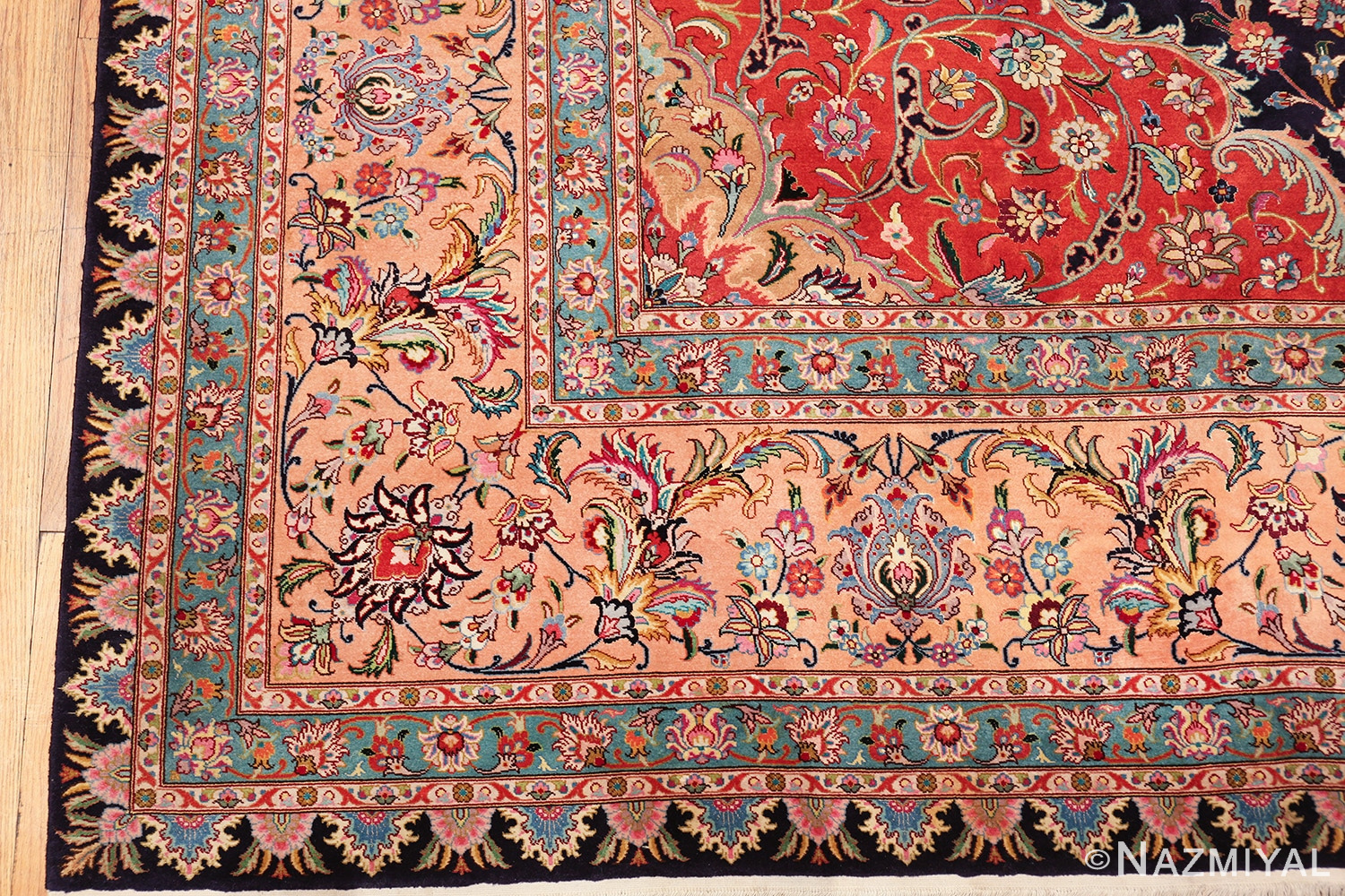 vintage large wool and silk persian tabriz rug 60044 corner Nazmiyal