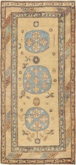 Small Antique Tan and Baby Blue Khotan Rug - Nazmiyal
