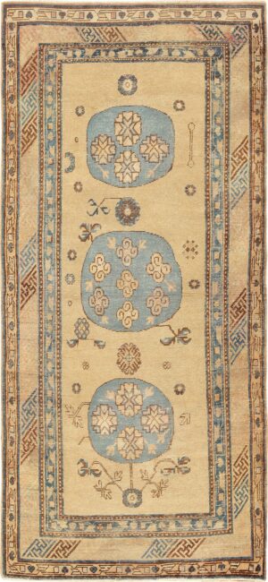 Small Antique Tan and Baby Blue Khotan Rug - Nazmiyal