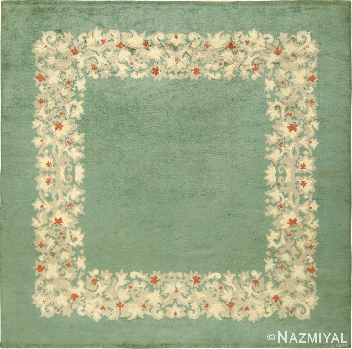 Antique Green Color Square French Art Deco Rug by Leleu 49690 by Nazmiyal