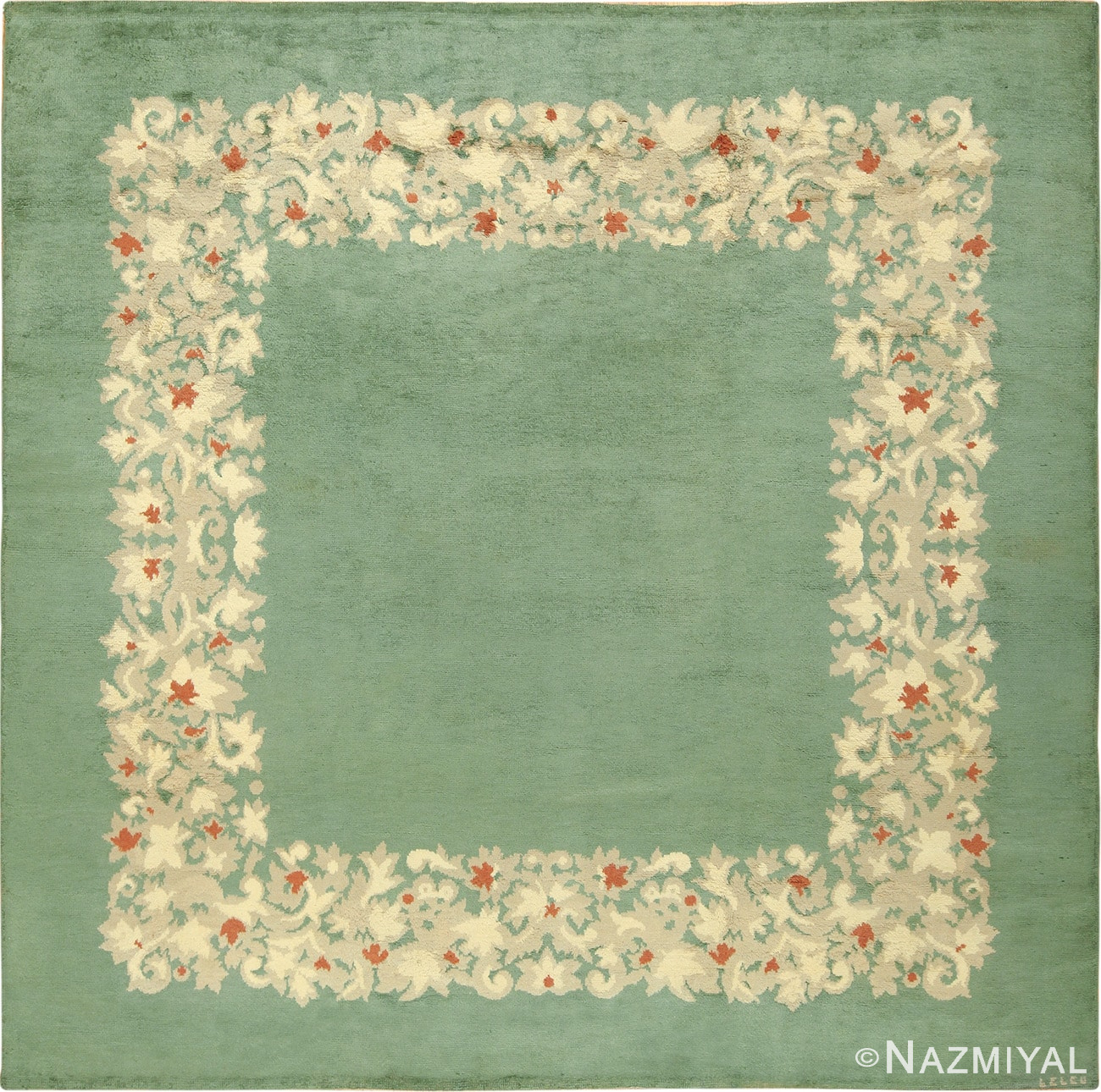 Antique Green Color Square French Art Deco Rug by Leleu 49690 by Nazmiyal
