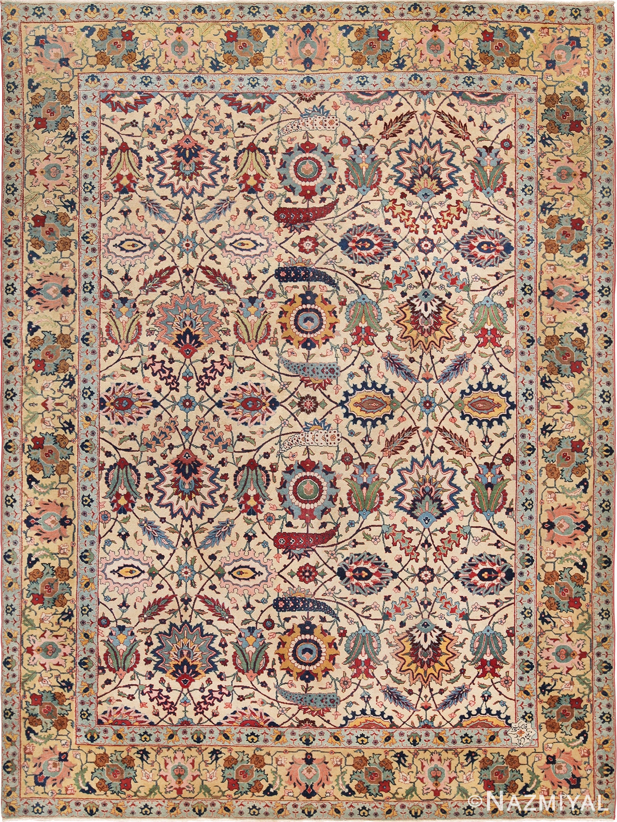 Antique Sickle Leaf Design Persian Benlian Tabriz Rug 49723 - Nazmiyal