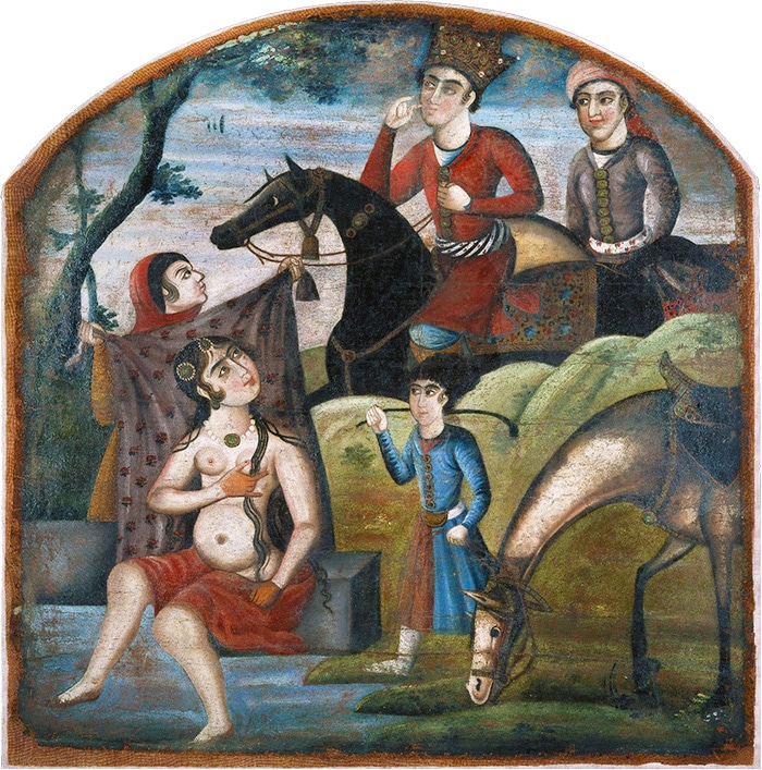 Brooklyn Museum's 18th Century Zand Dynasty Oil on Canvas Painting from Shiraz Iran: Khosrow Sees Shirin Bathing Naked Brooklyn Museum's 18th Century Zand Dynasty Oil on Canvas Painting from Shiraz Iran: Khosrow Sees Shirin Bathing Naked - Nazmiyal