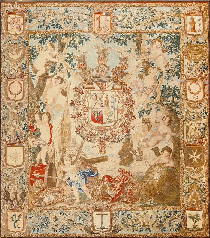 Antique Flemish Heraldic Tapestry of A Spanish Noble Admiral With Coat Of Arms 2399 - Nazmiyal