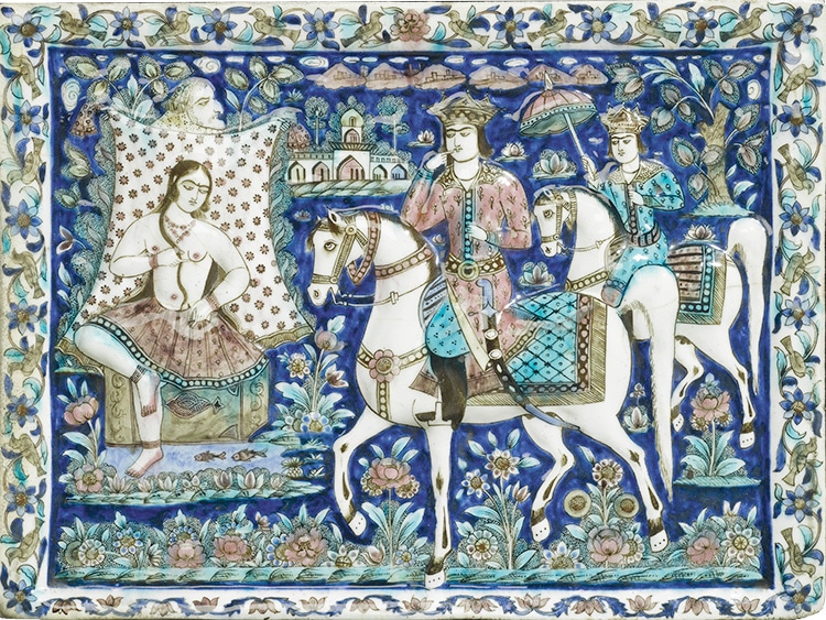 Large 19th Century Persian Pictorial Tile Showing When Khosrow Sees Shirin Bathing Large 19th Century Persian Pictorial Tile Showing When Khosrow Sees Shirin Bathing - nazmiyal