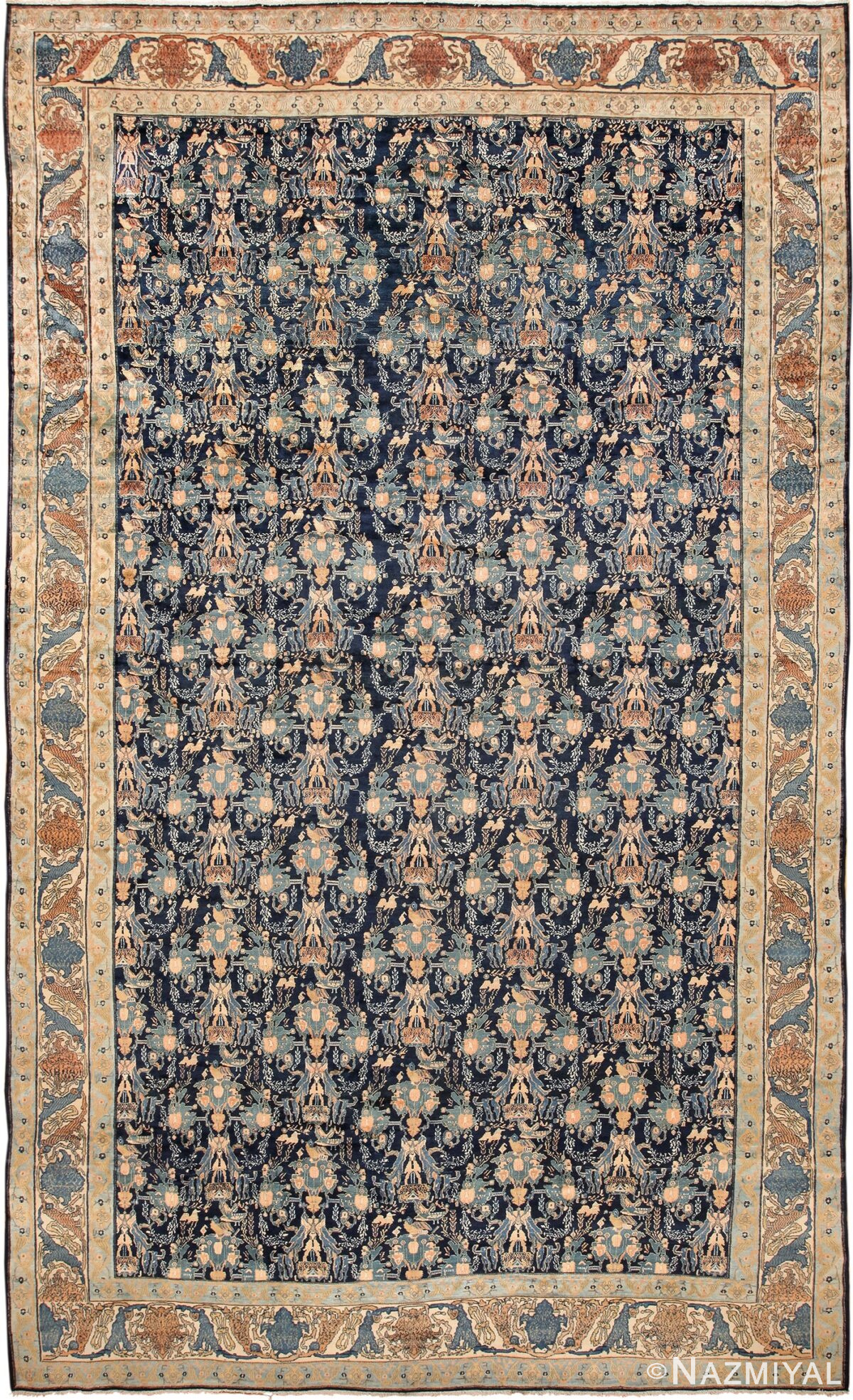 Blue Background Large Antique Persian Senneh Rug 49756 - Namziyal
